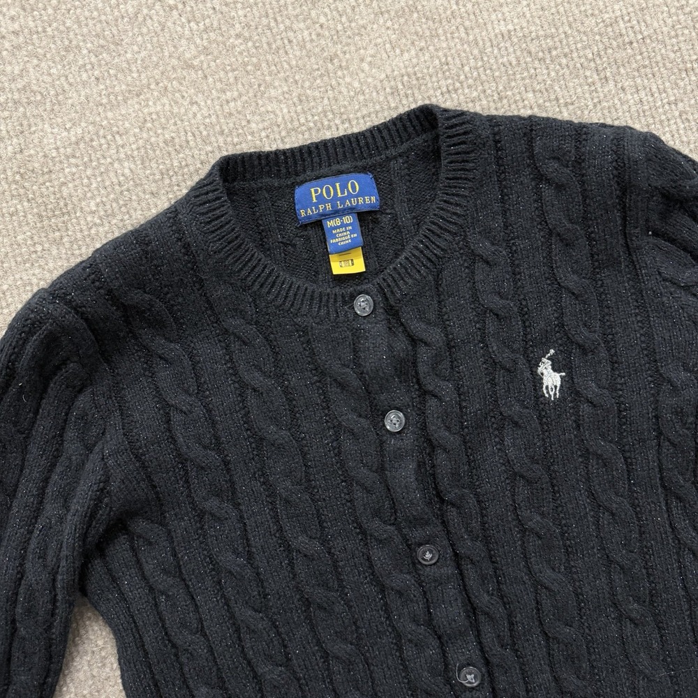 Polo Ralph Lauren Girls Cardigan Sweater Cable Knit Black Sparkle Sz M (8-10)